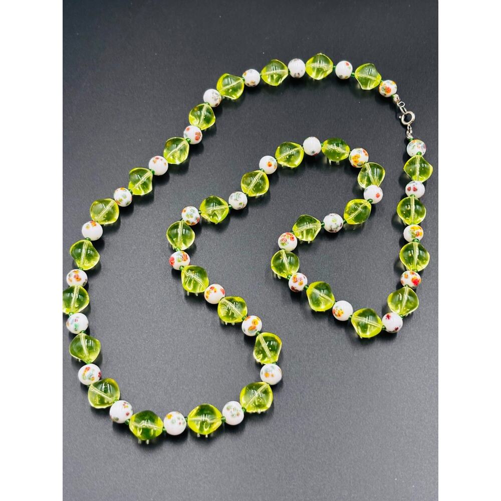 Czech Glass Uranium Pillow Bead Necklace Opera Length 30" Millefiori Accent Bead